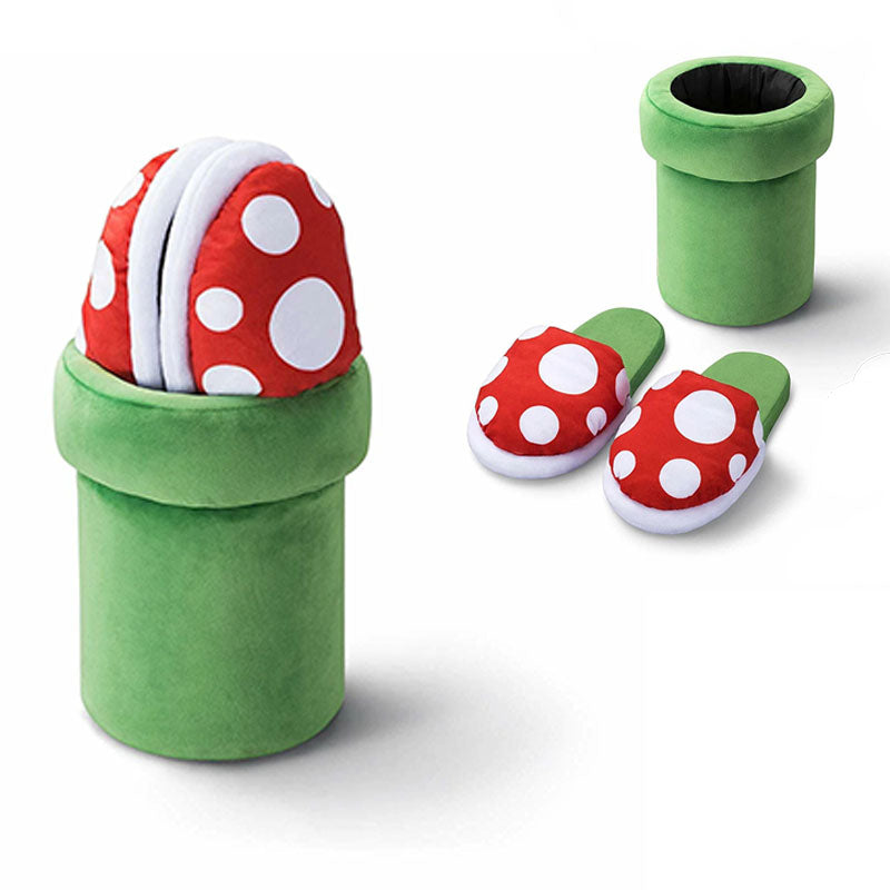 Piranha Plant Plush Slippers with Detachable Pipe - Fun House Shoes & Collectible Toy for Gamers